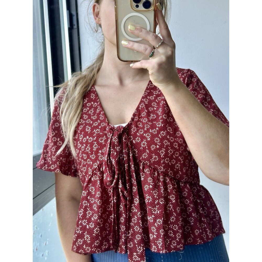 Women’s Rust & White Floral Woven V-Neck Short Sleeve Tie-Front Blouse Top S